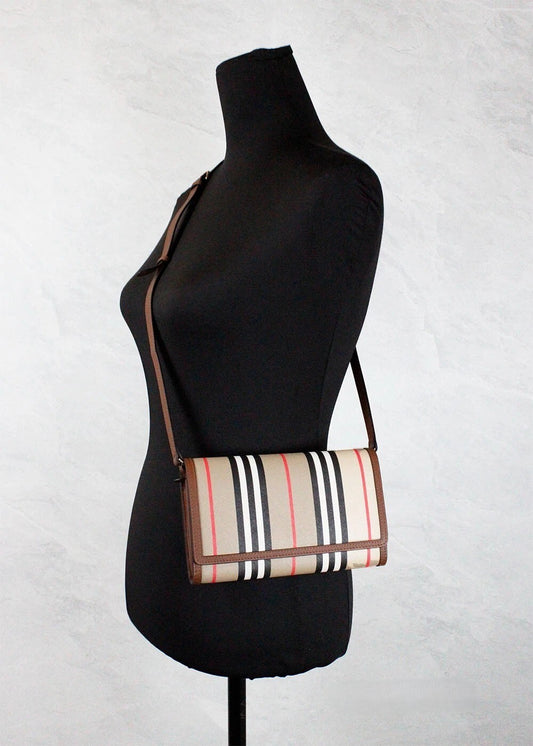 Sac bandoulière portefeuille en cuir Burberry Hannah Icon Stripe Archive Tan E-Canvas