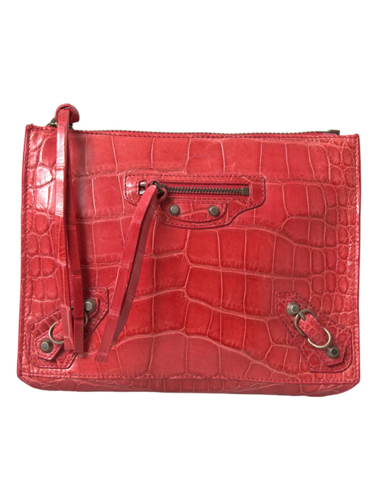 Balenciaga Red Exotic Skin Leather Classic Pouch Purse Wristlet Bag Balenciaga