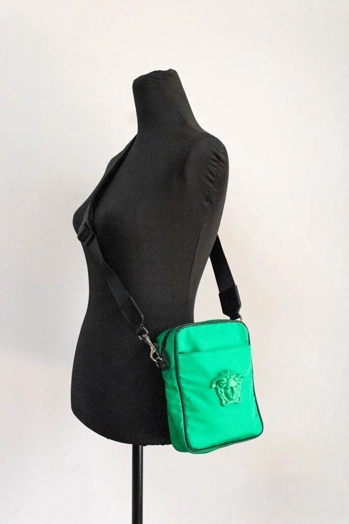 Versace Small Bright Green Nylon Fabric Medusa Crossbody Messenger Bag Purse Versace Xosier