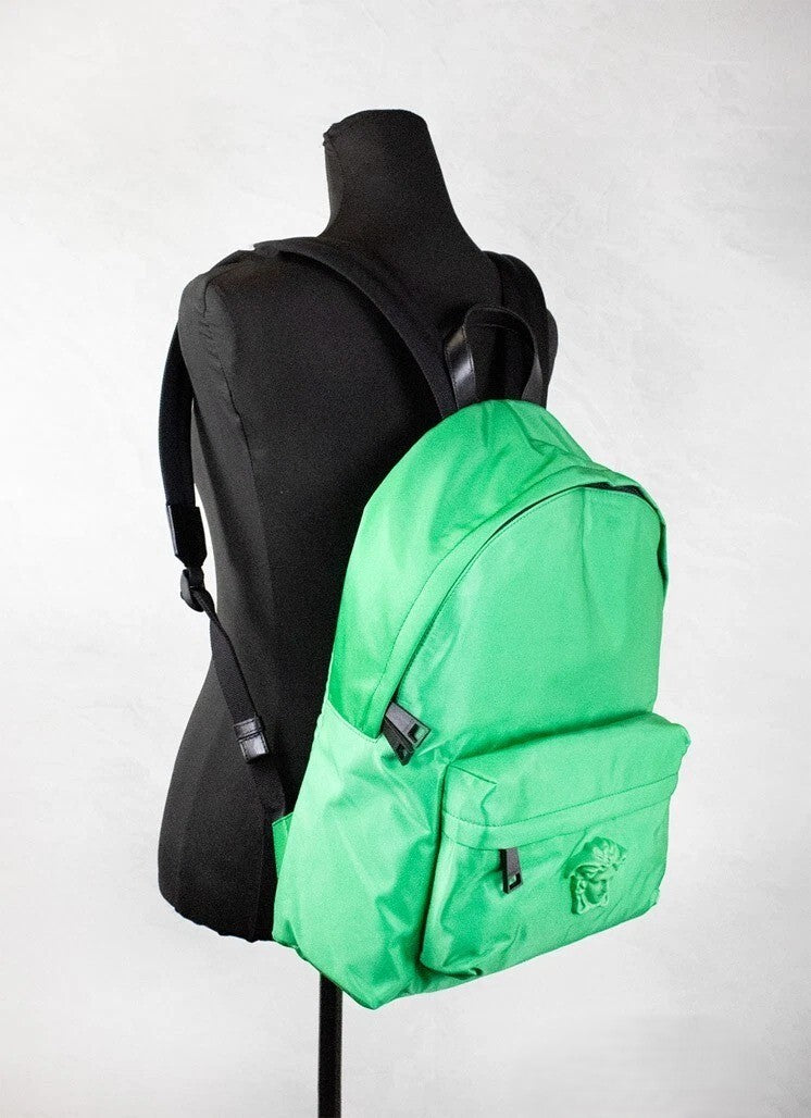 Versace Large Bright Green Nylon Fabric Medusa Shoulder Backpack Bookbag Versace Xosier