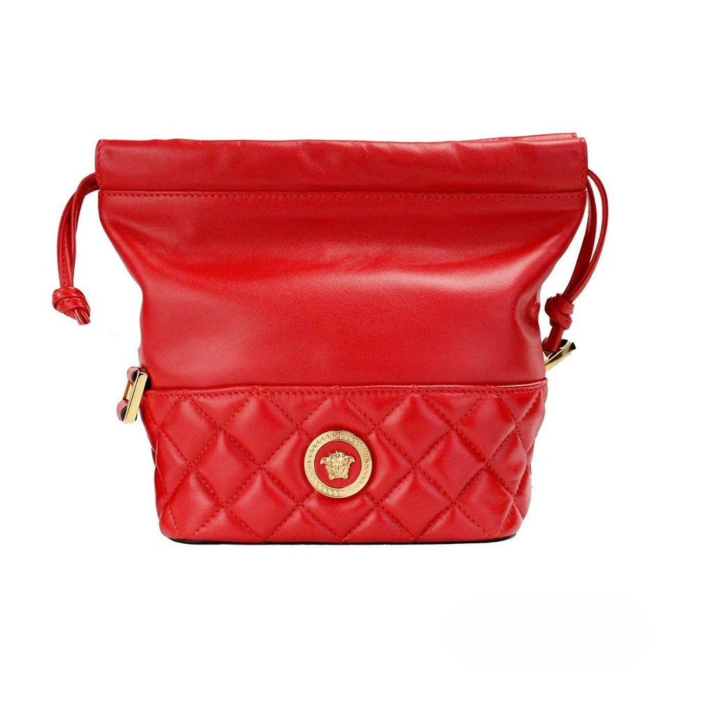 Versace Red Quilted Leather Drawstring Shoulder Bag Bucket Crossbody Handbag Versace Xosier