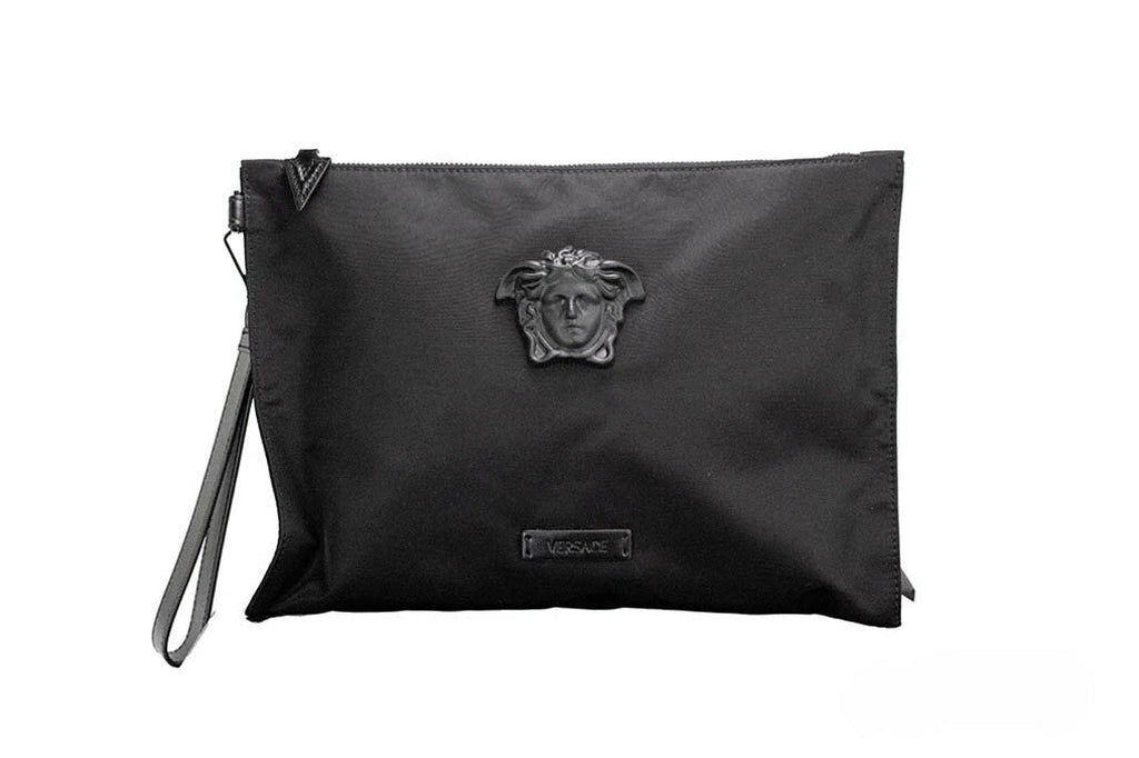 Versace Large Black Nylon Fabric Medusa Convertible Pouch Clutch Wristlet Bag Versace Xosier