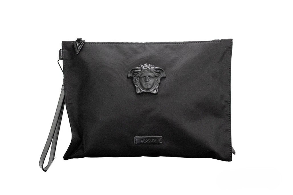 Versace Large Black Nylon Fabric Medusa Convertible Pouch Clutch Wristlet Bag Versace Xosier
