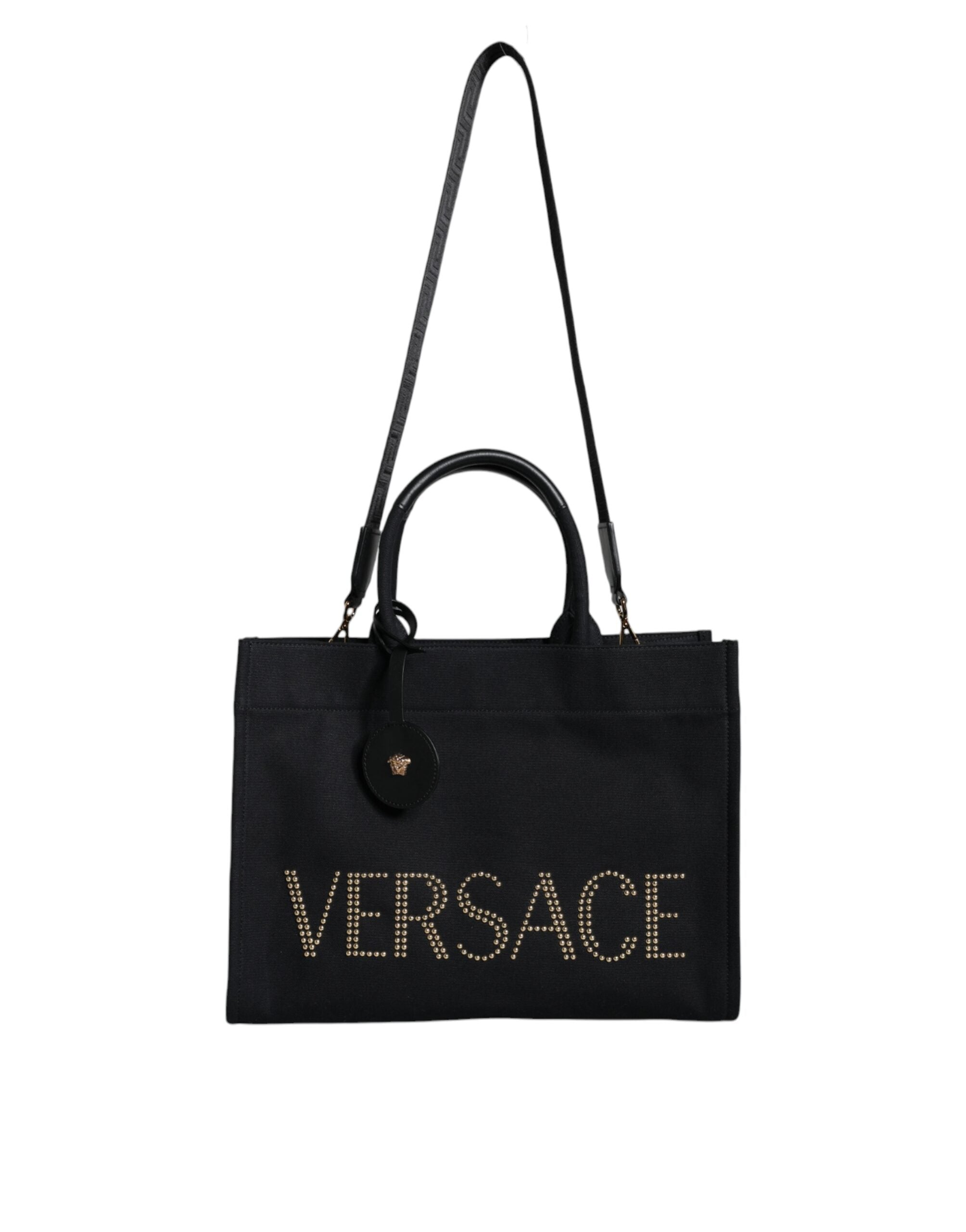 Versace Black Top Handle Canvas Leather Logo Crossbody Tote Bag Versace Xosier