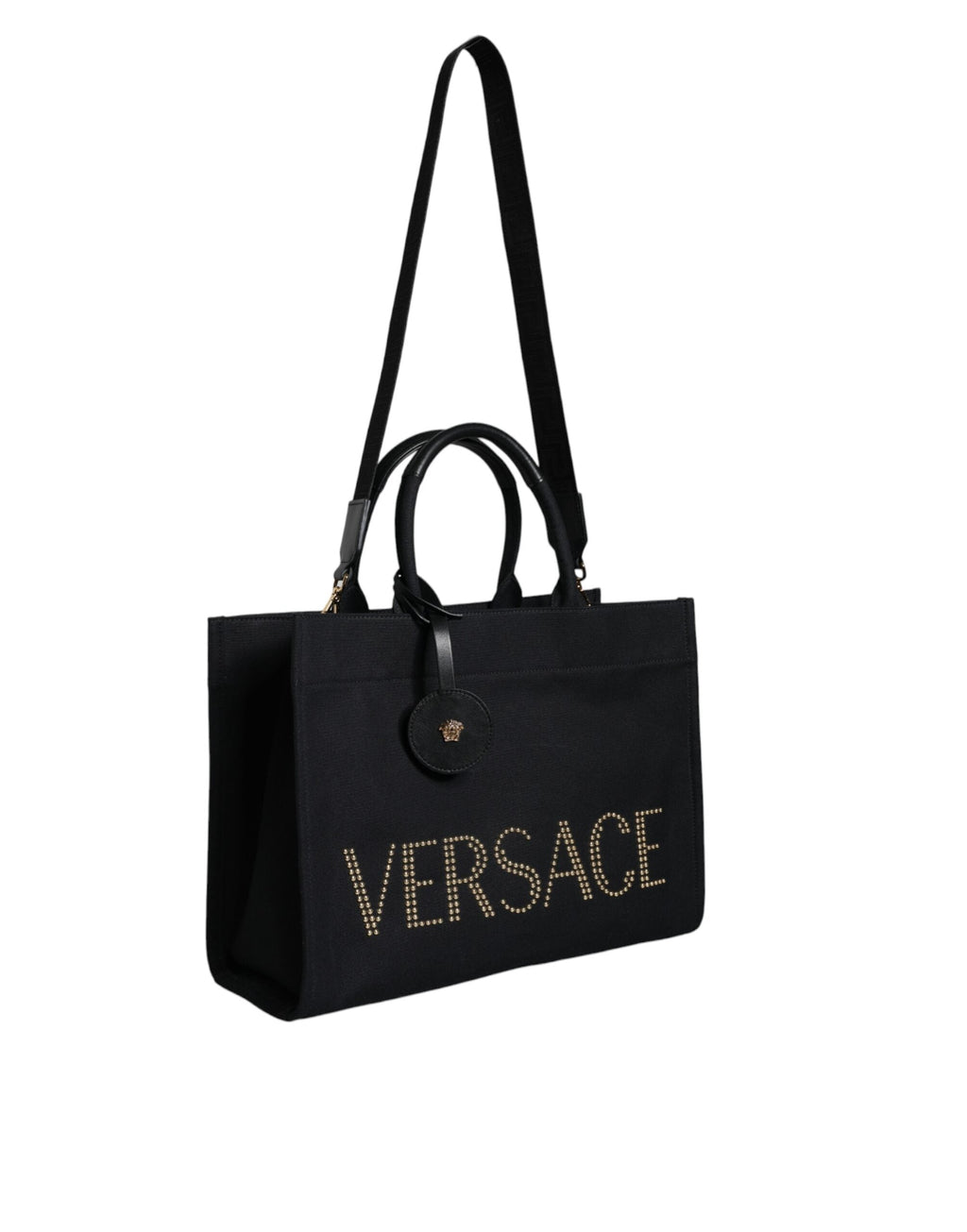 Versace Black Top Handle Canvas Leather Logo Crossbody Tote Bag Versace Xosier
