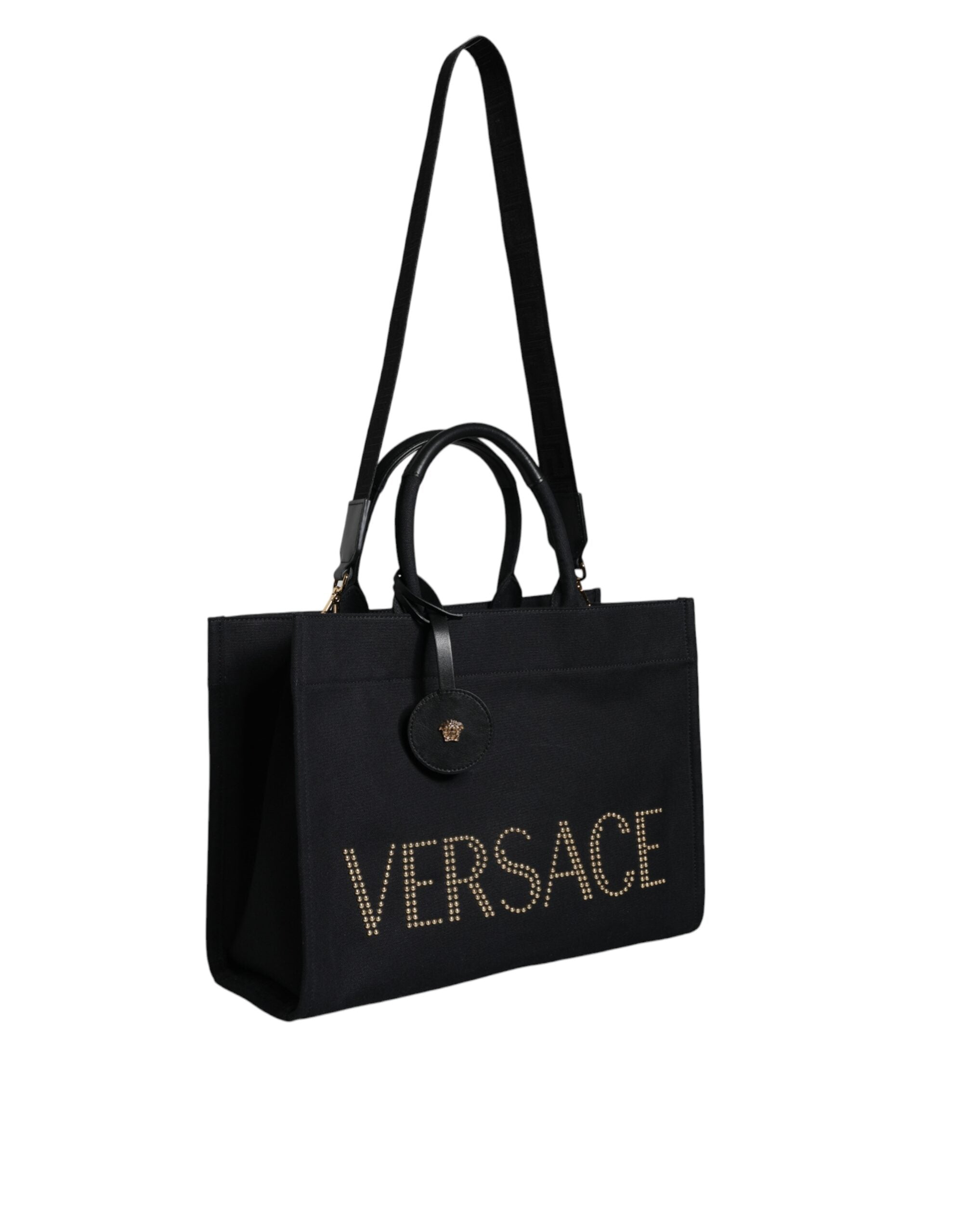 Versace Black Top Handle Canvas Leather Logo Crossbody Tote Bag Versace Xosier