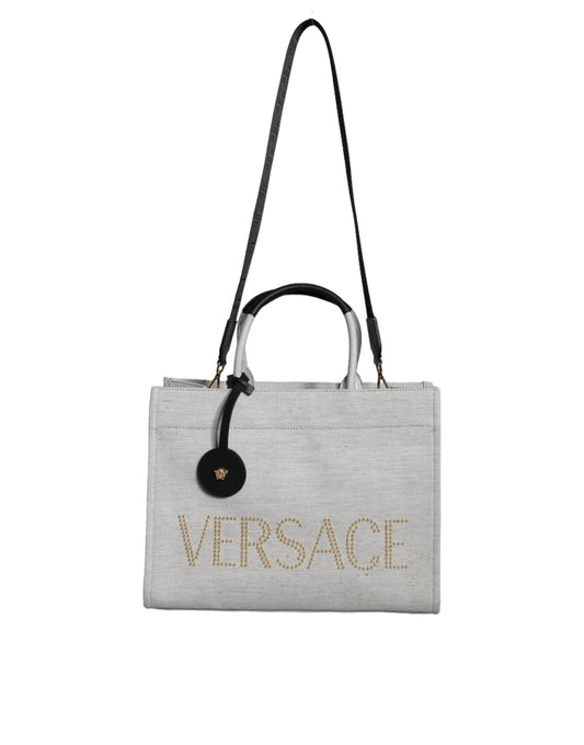 Versace White Top Handle Canvas Leather Logo Crossbody Tote Bag Versace Xosier