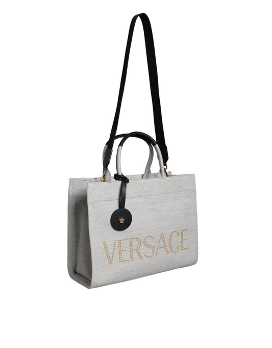 Versace White Top Handle Canvas Leather Logo Crossbody Tote Bag Versace Xosier